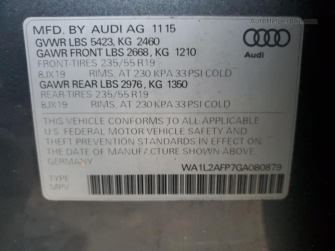 2016 Audi Q5 Premium Plus Серый vin: WA1L2AFP7GA080879