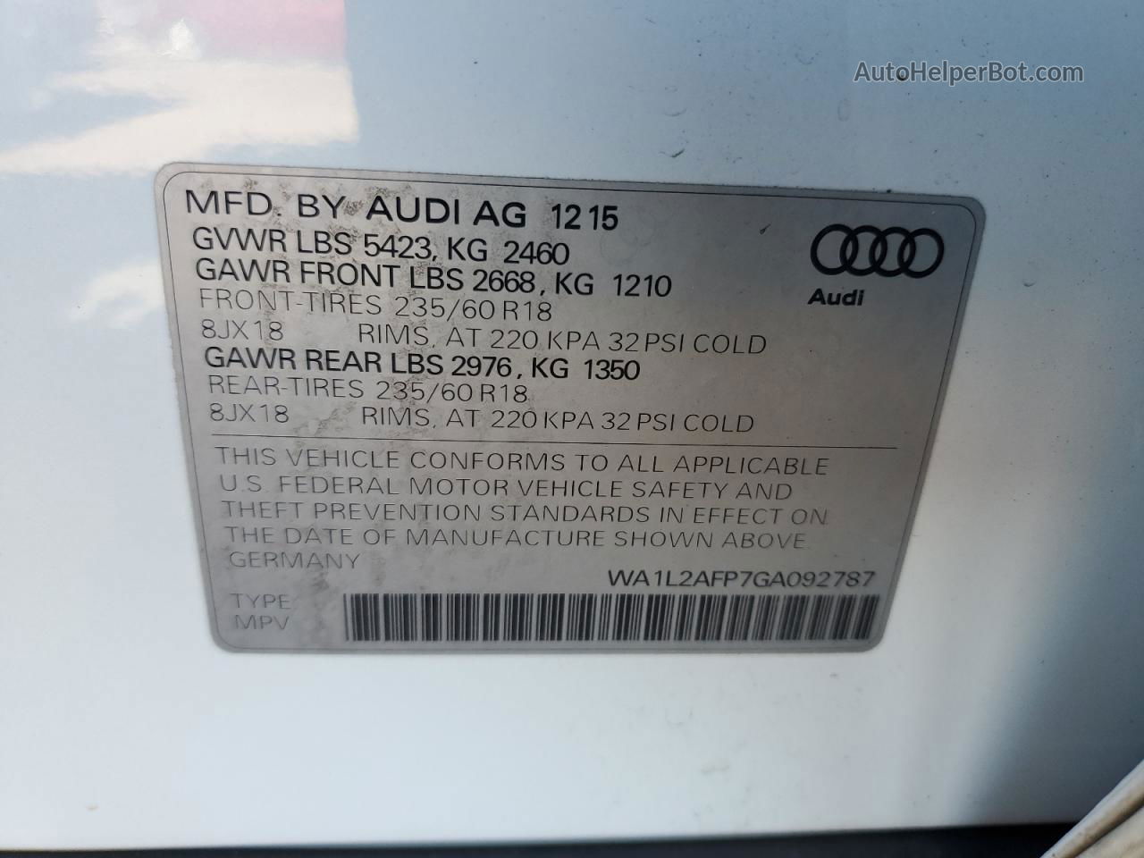 2016 Audi Q5 Premium Plus White vin: WA1L2AFP7GA092787