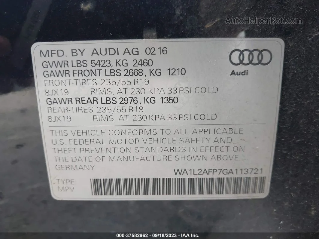 2016 Audi Q5 Premium Plus Черный vin: WA1L2AFP7GA113721