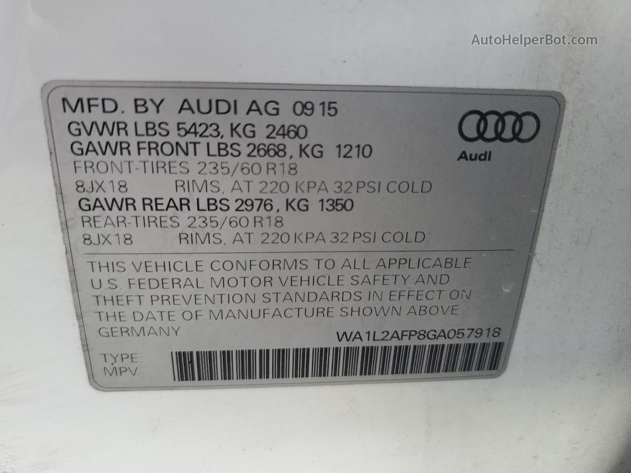 2016 Audi Q5 Premium Plus Белый vin: WA1L2AFP8GA057918