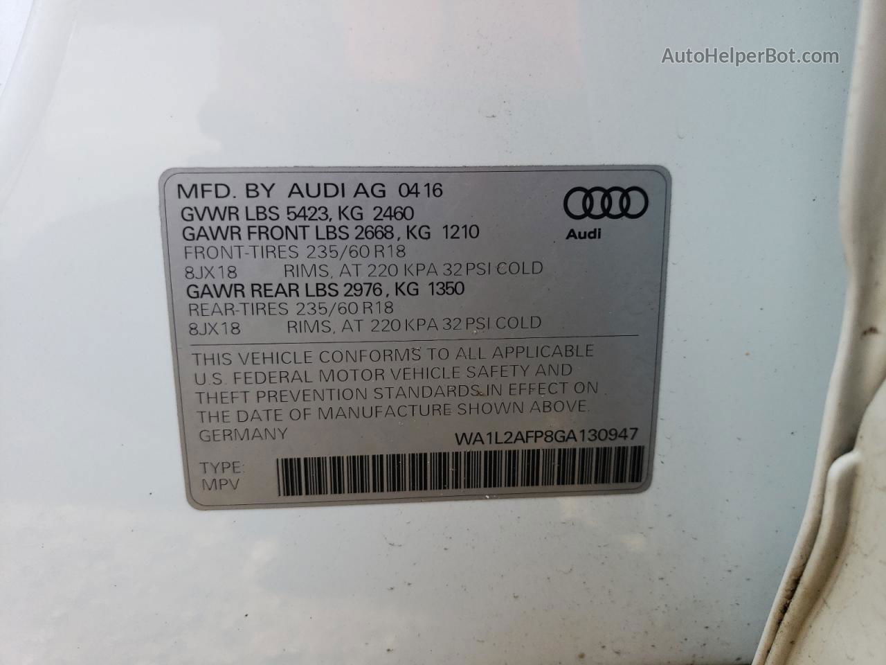 2016 Audi Q5 Premium Plus Белый vin: WA1L2AFP8GA130947