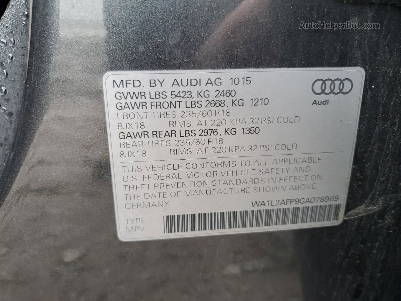 2016 Audi Q5 Premium Plus Серый vin: WA1L2AFP9GA078969