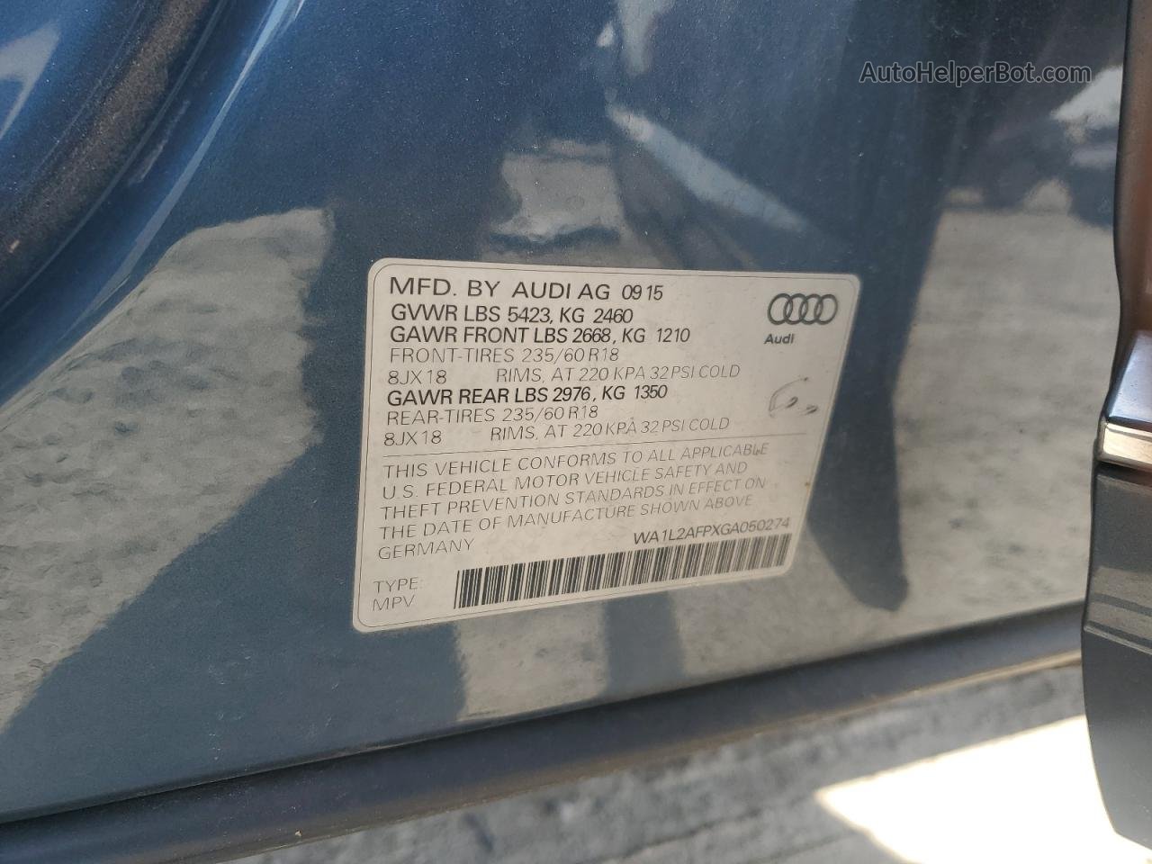 2016 Audi Q5 Premium Plus Синий vin: WA1L2AFPXGA050274