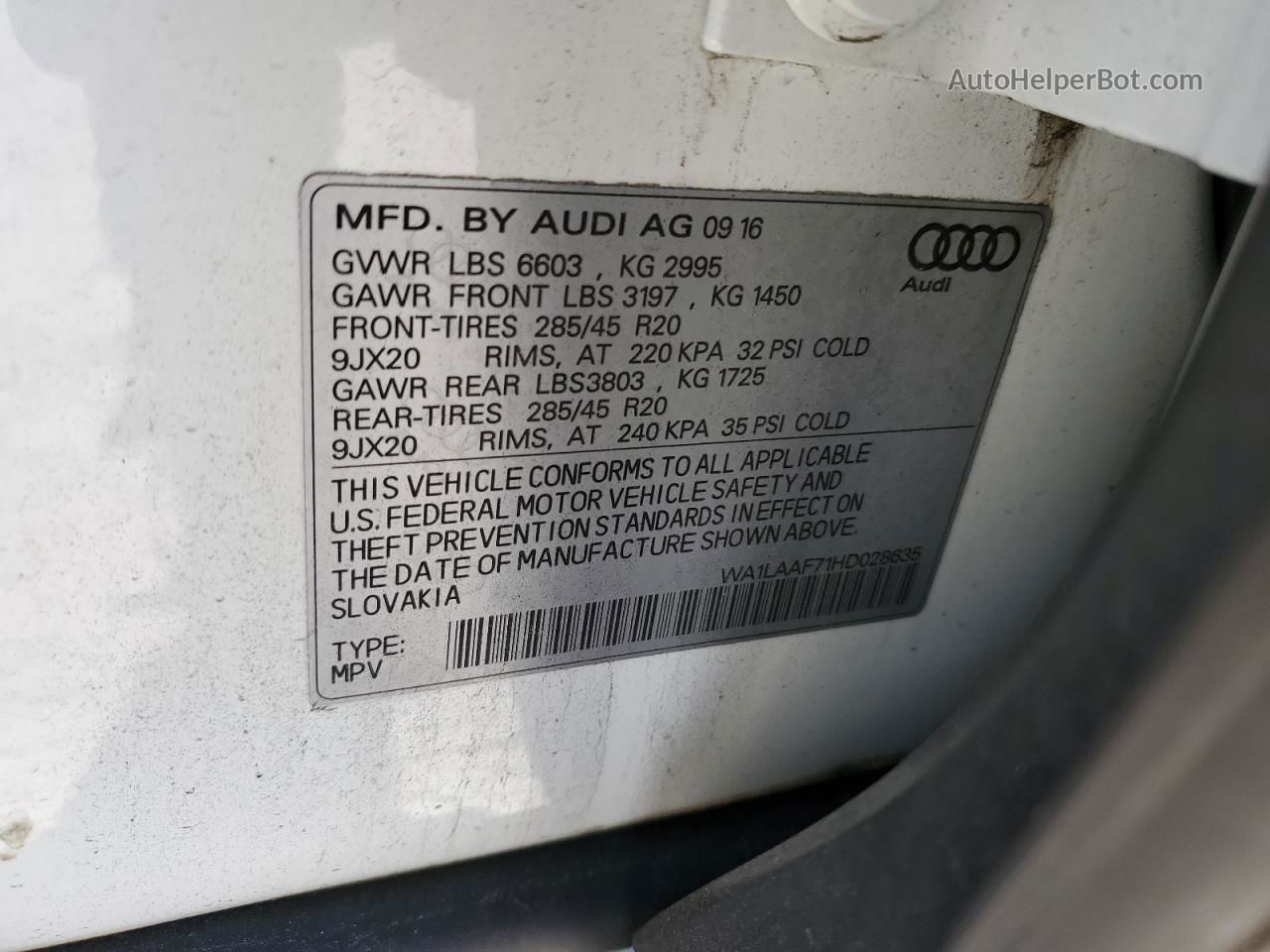 2017 Audi Q7 Premium Plus White vin: WA1LAAF71HD028635