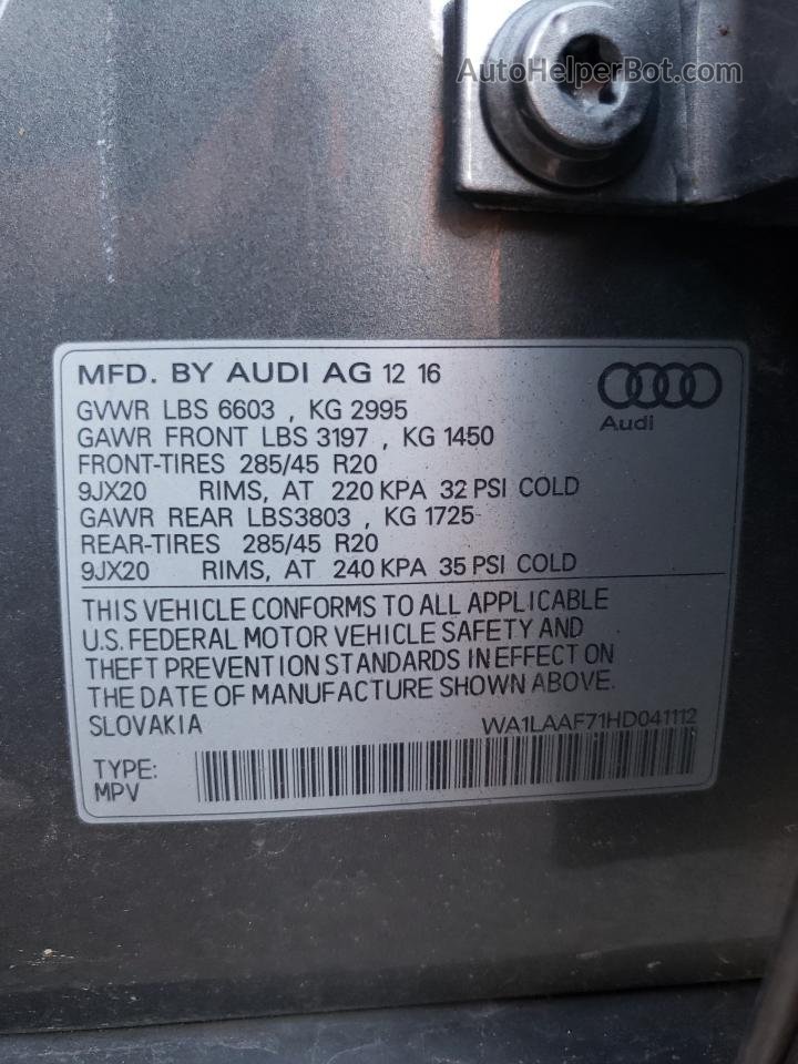 2017 Audi Q7 Premium Plus Gray vin: WA1LAAF71HD041112