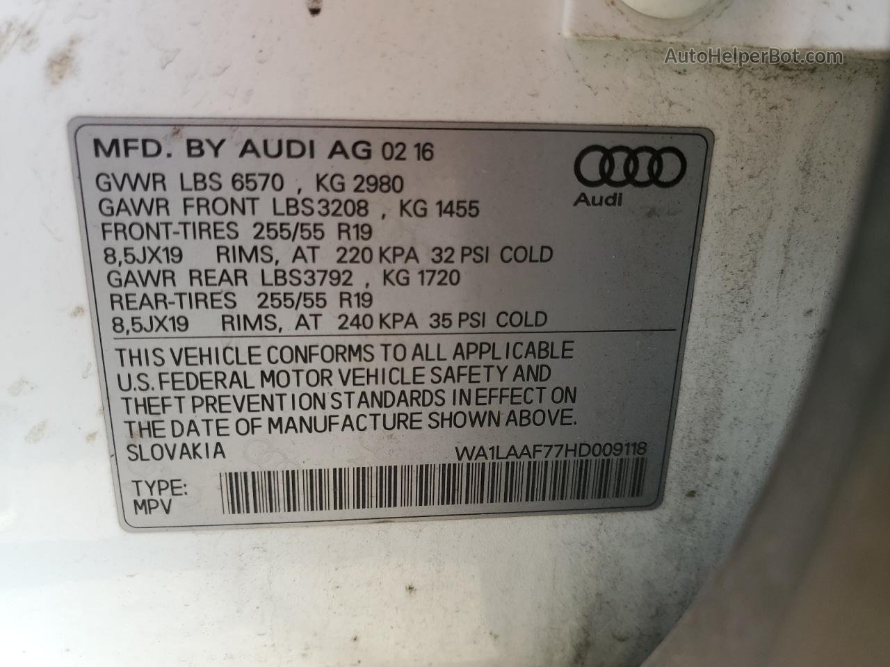 2017 Audi Q7 Premium Plus White vin: WA1LAAF77HD009118
