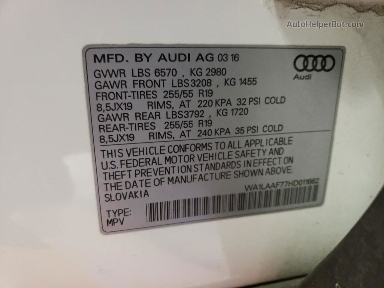 2017 Audi Q7 Premium Plus Белый vin: WA1LAAF77HD011662