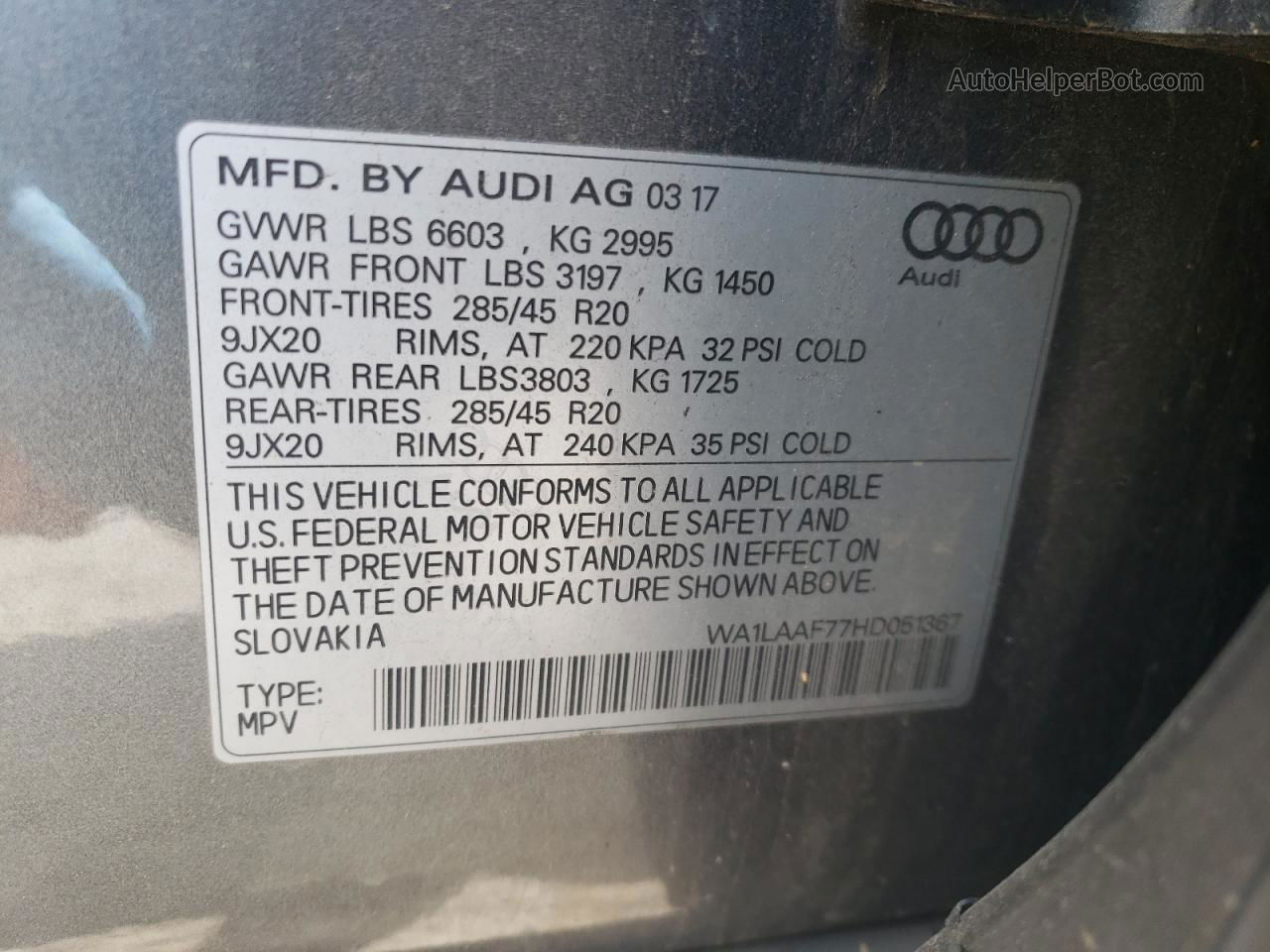 2017 Audi Q7 Premium Plus Gray vin: WA1LAAF77HD051367