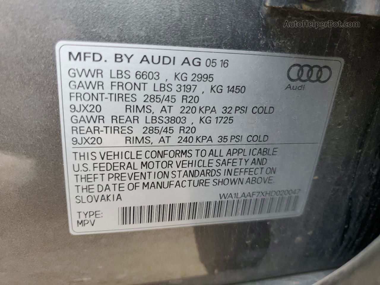 2017 Audi Q7 Premium Plus Gray vin: WA1LAAF7XHD020047