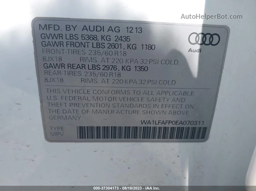 2014 Audi Q5 Premium Plus White vin: WA1LFAFP0EA070311