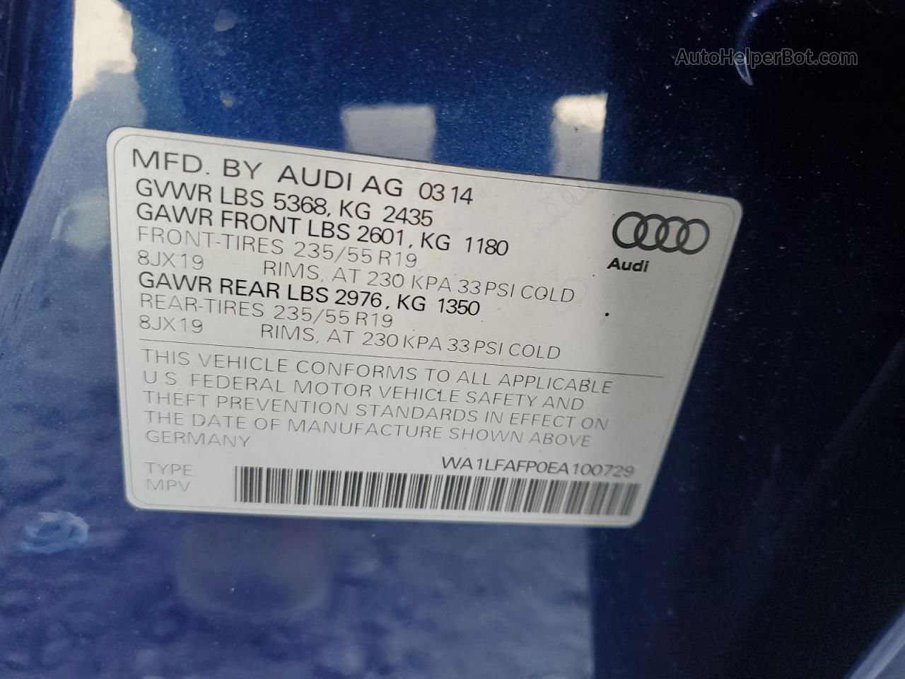 2014 Audi Q5 Premium Plus Blue vin: WA1LFAFP0EA100729