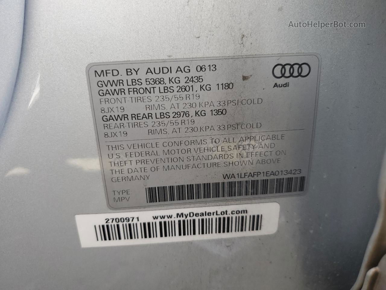 2014 Audi Q5 Premium Plus Серебряный vin: WA1LFAFP1EA013423