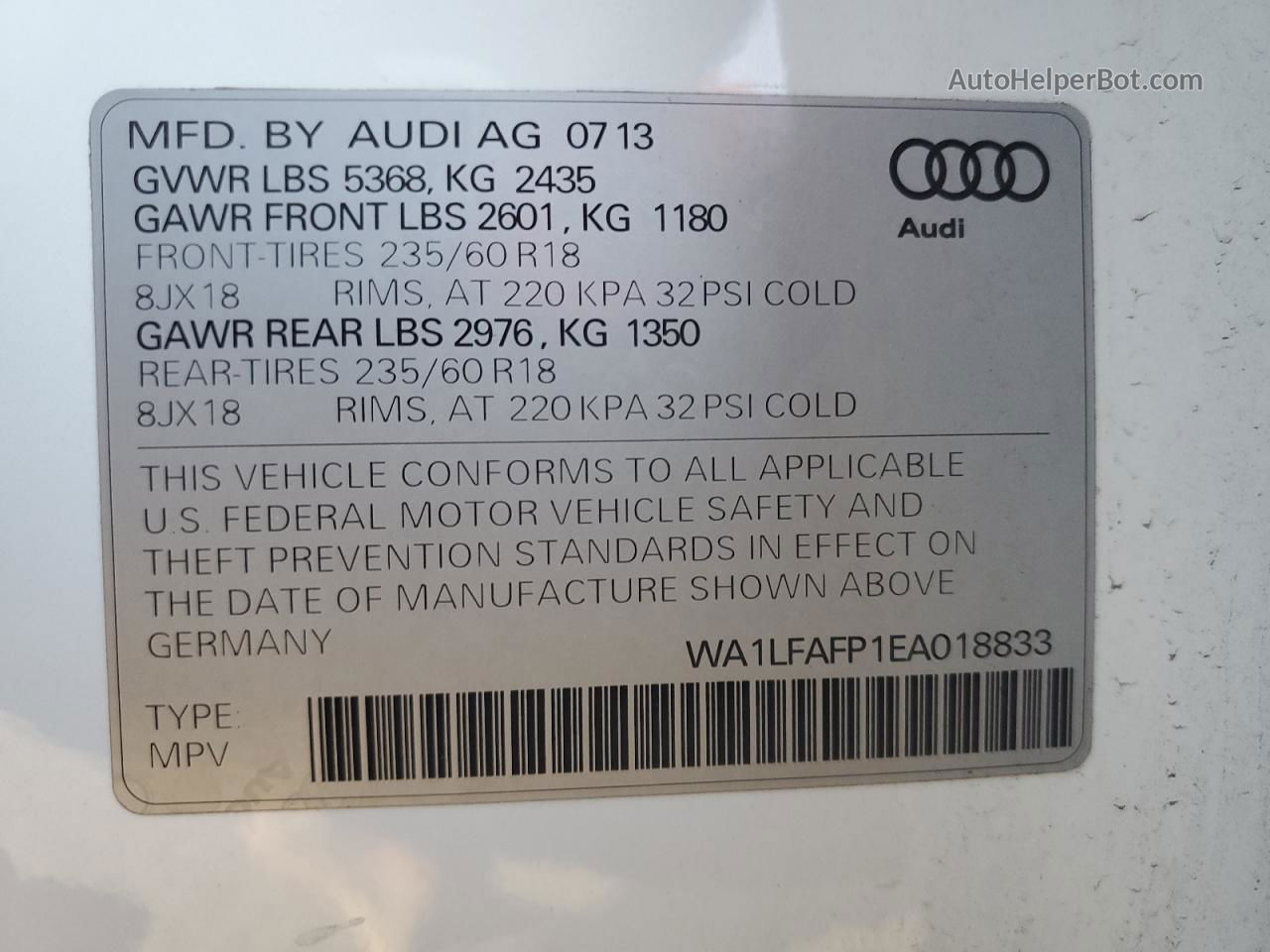 2014 Audi Q5 Premium Plus White vin: WA1LFAFP1EA018833