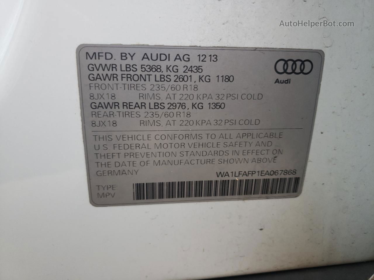 2014 Audi Q5 Premium Plus White vin: WA1LFAFP1EA067868