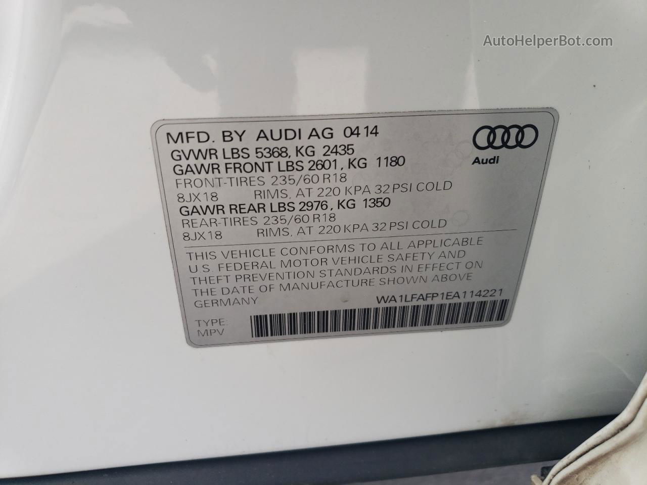 2014 Audi Q5 Premium Plus White vin: WA1LFAFP1EA114221