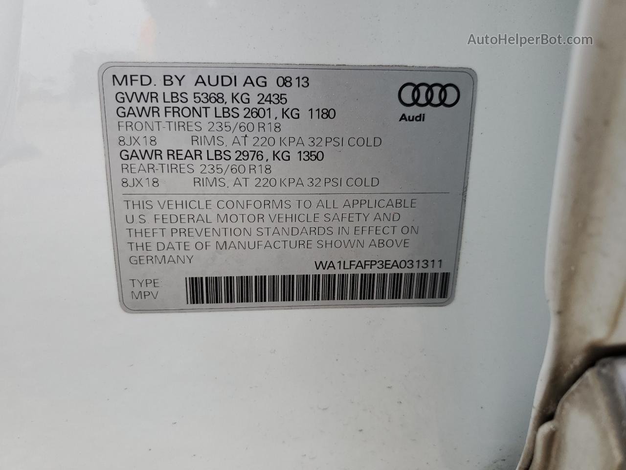 2014 Audi Q5 Premium Plus White vin: WA1LFAFP3EA031311