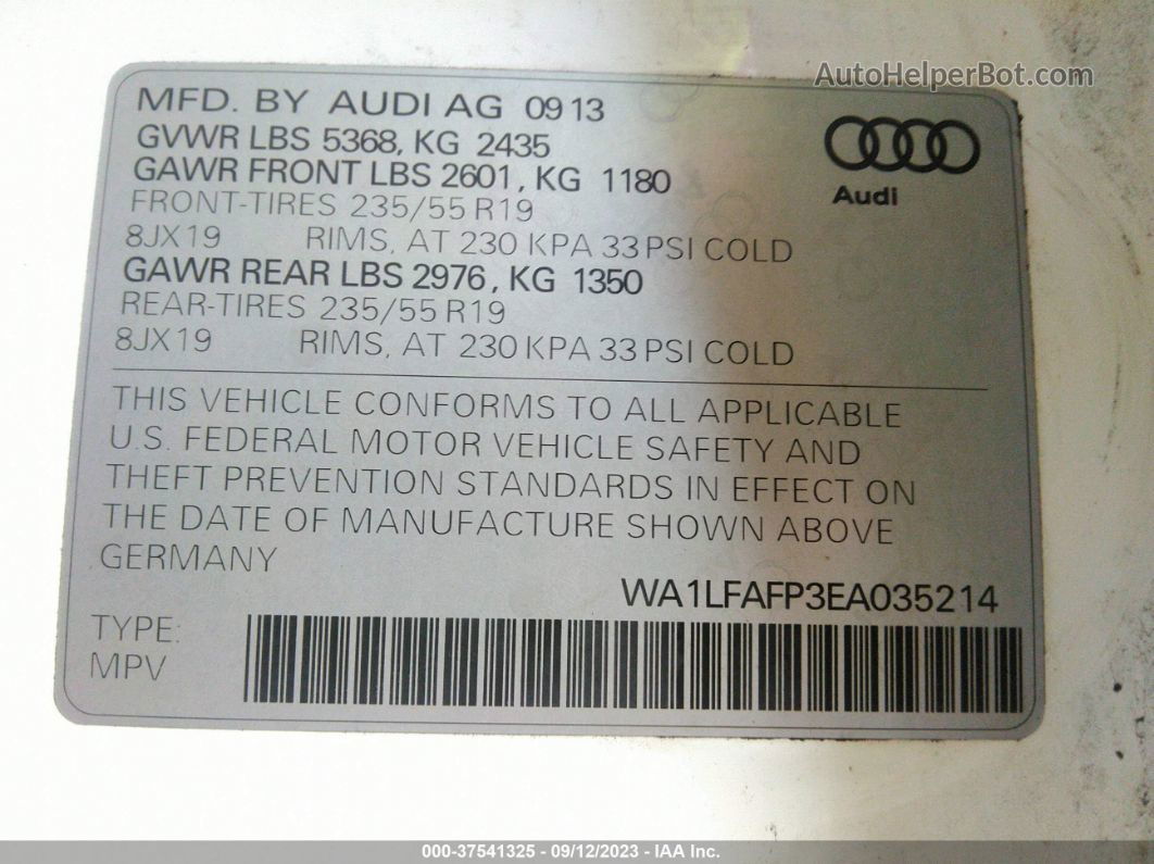 2014 Audi Q5 Premium Plus White vin: WA1LFAFP3EA035214