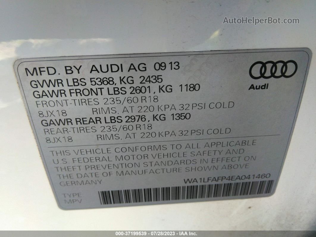 2014 Audi Q5 Premium Plus White vin: WA1LFAFP4EA041460