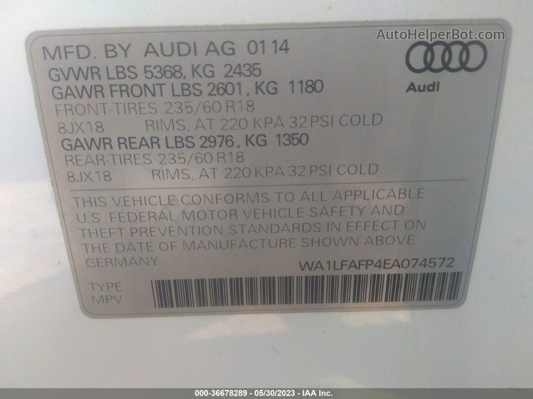 2014 Audi Q5 2.0t Premium White vin: WA1LFAFP4EA074572