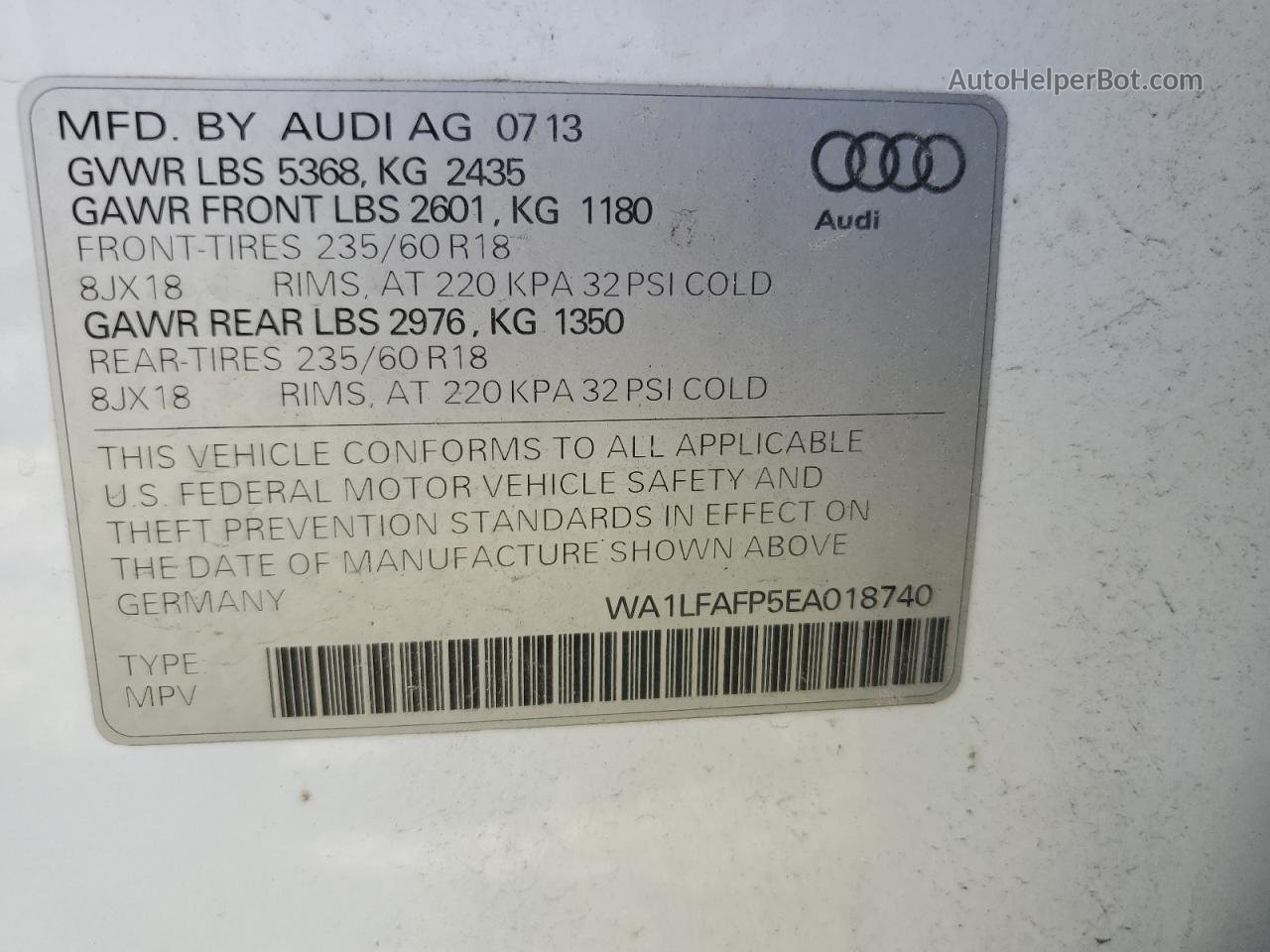 2014 Audi Q5 Premium Plus White vin: WA1LFAFP5EA018740