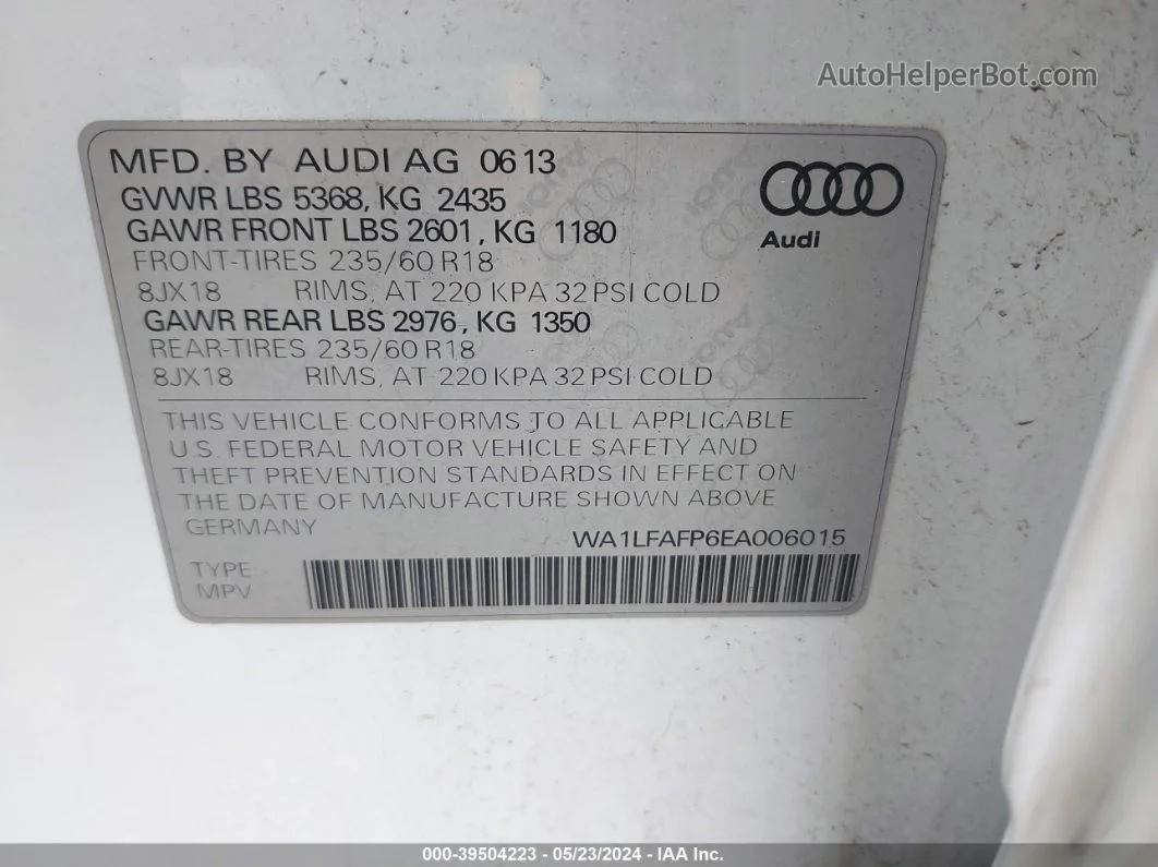 2014 Audi Q5 2.0t Premium White vin: WA1LFAFP6EA006015