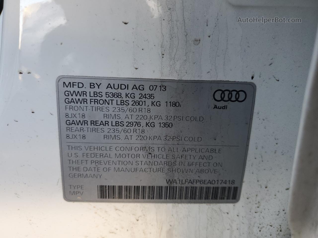 2014 Audi Q5 Premium Plus White vin: WA1LFAFP6EA017418