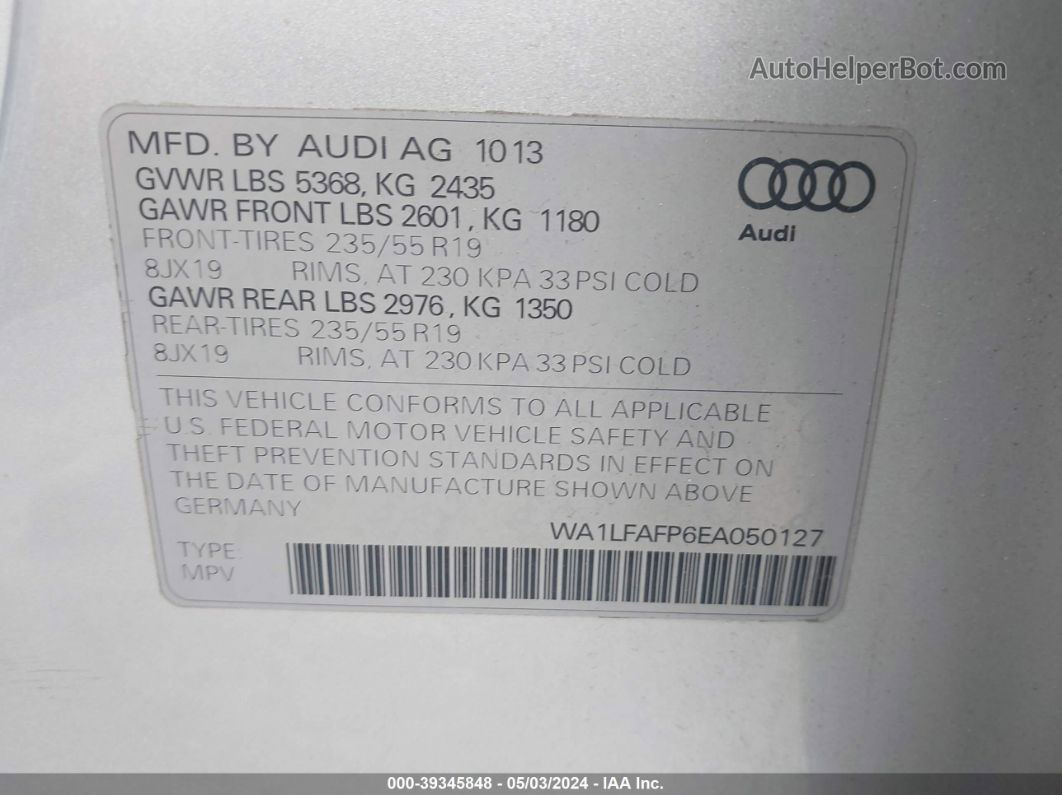 2014 Audi Q5 2.0t Premium Silver vin: WA1LFAFP6EA050127