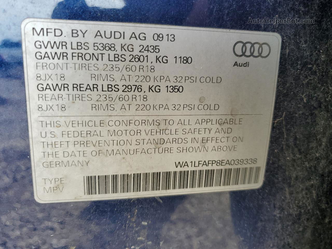 2014 Audi Q5 Premium Plus Blue vin: WA1LFAFP8EA039338