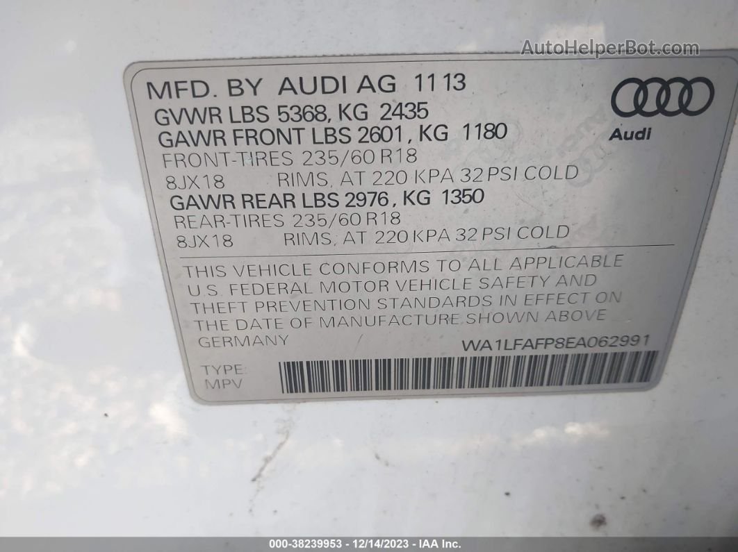2014 Audi Q5 2.0t Premium White vin: WA1LFAFP8EA062991