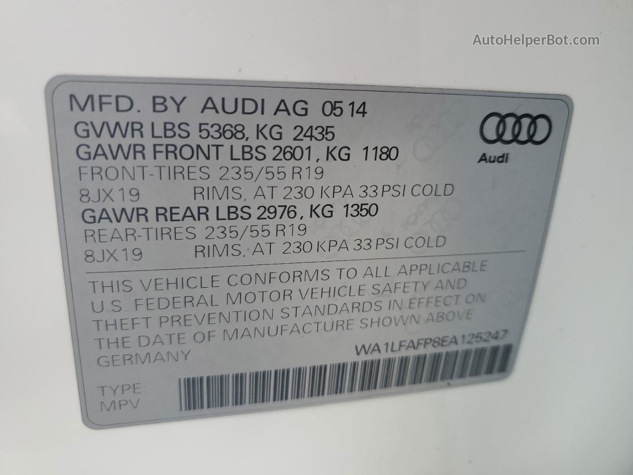 2014 Audi Q5 Premium Plus White vin: WA1LFAFP8EA125247