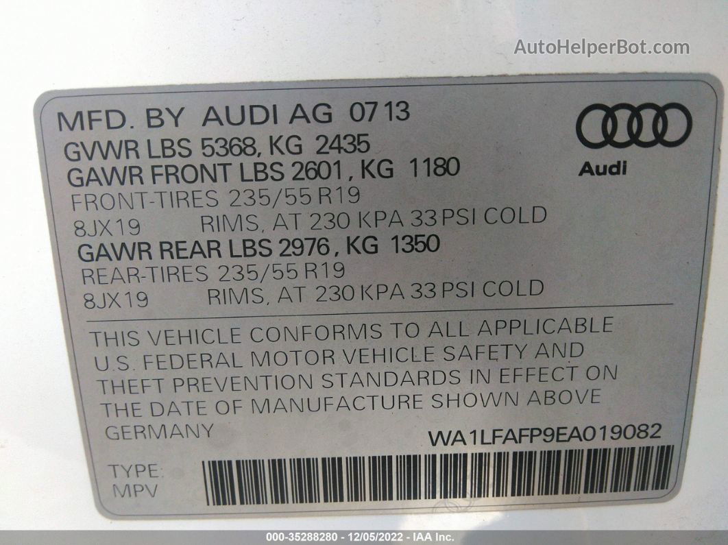 2014 Audi Q5 2.0t Premium White vin: WA1LFAFP9EA019082