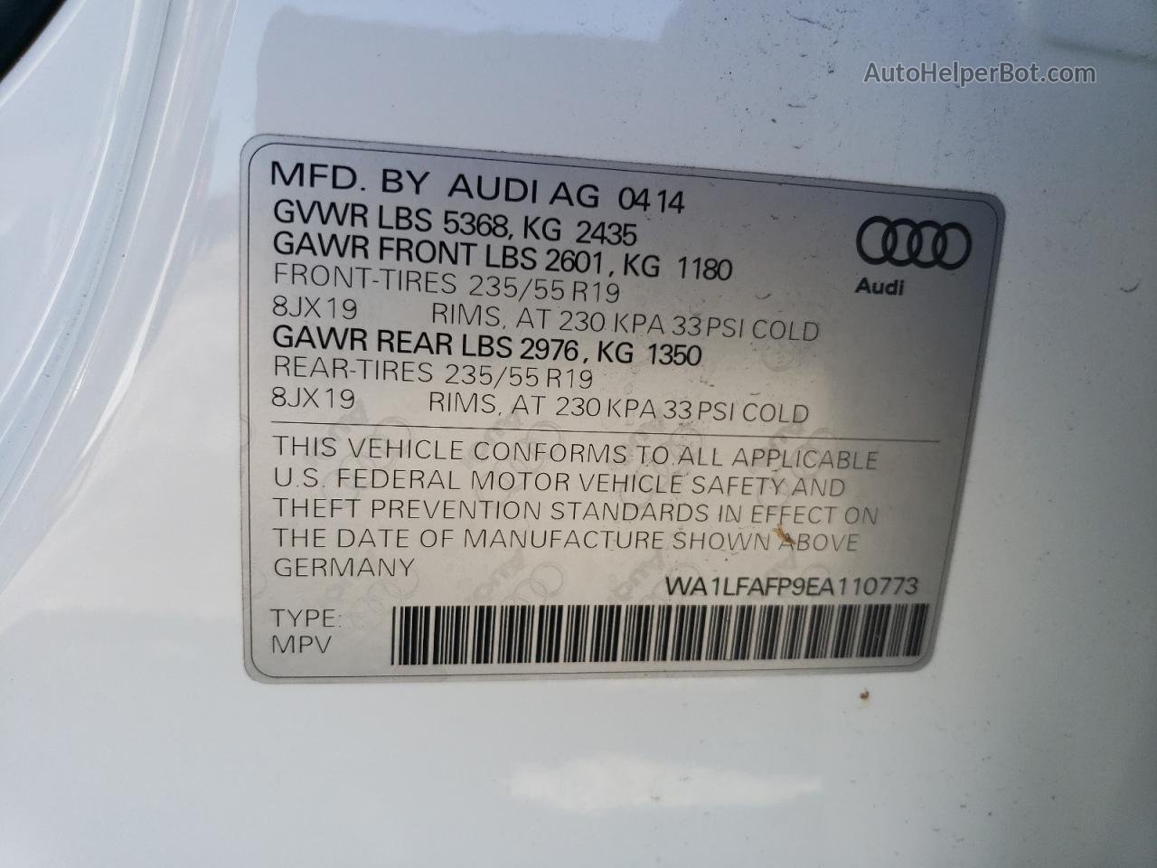 2014 Audi Q5 Premium Plus White vin: WA1LFAFP9EA110773