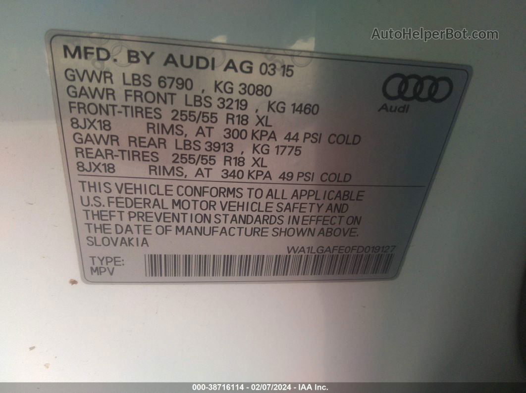 2015 Audi Q7 3.0t Premium White vin: WA1LGAFE0FD019127