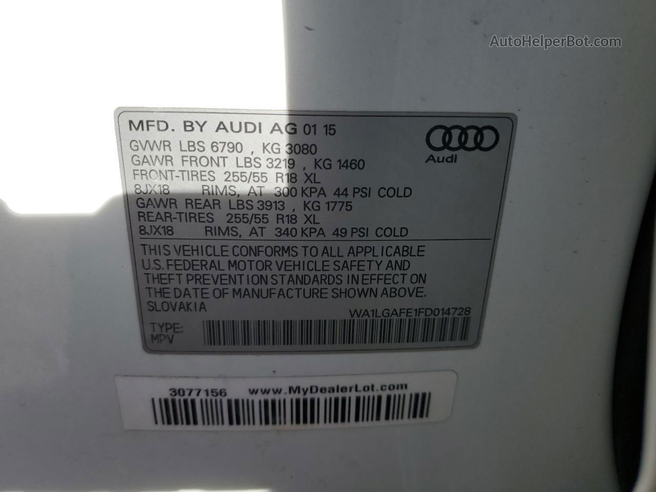 2015 Audi Q7 Premium Plus White vin: WA1LGAFE1FD014728