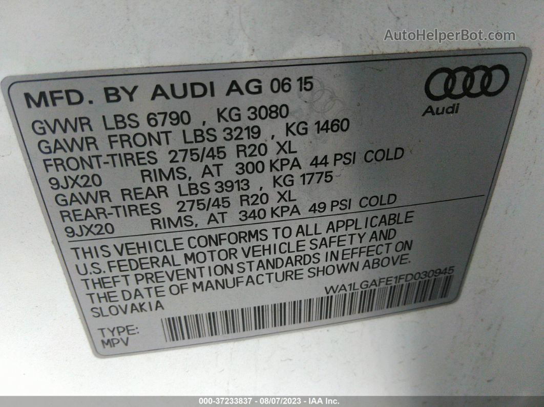 2015 Audi Q7 3.0t Premium White vin: WA1LGAFE1FD030945