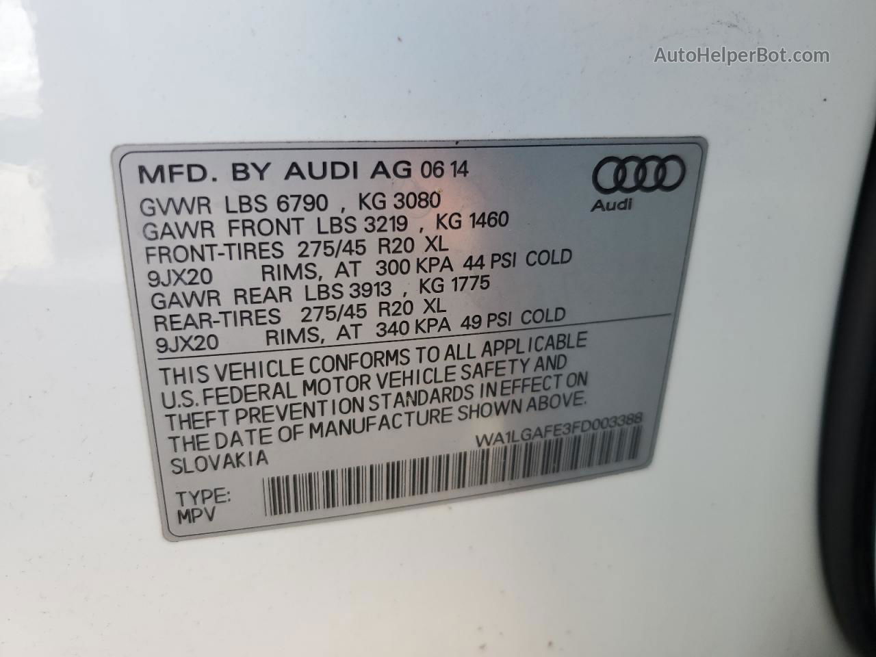 2015 Audi Q7 Premium Plus White vin: WA1LGAFE3FD003388