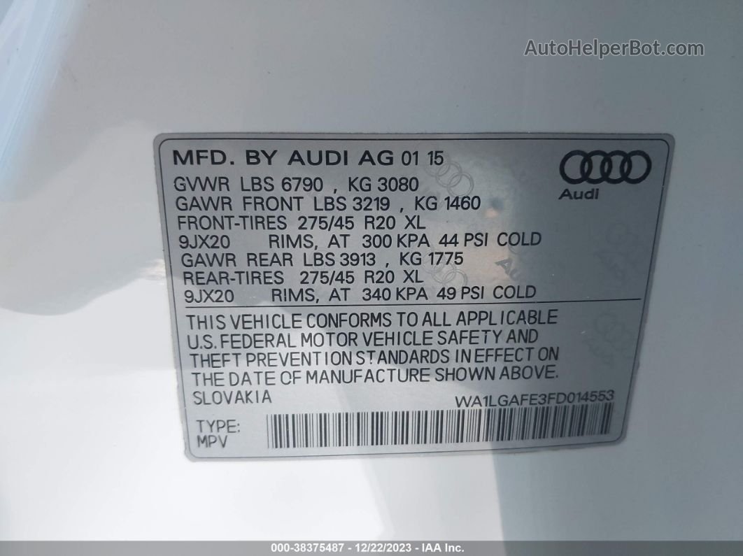 2015 Audi Q7 3.0t Premium White vin: WA1LGAFE3FD014553
