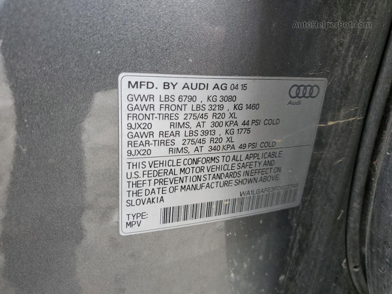 2015 Audi Q7 Premium Plus Gray vin: WA1LGAFE3FD022748