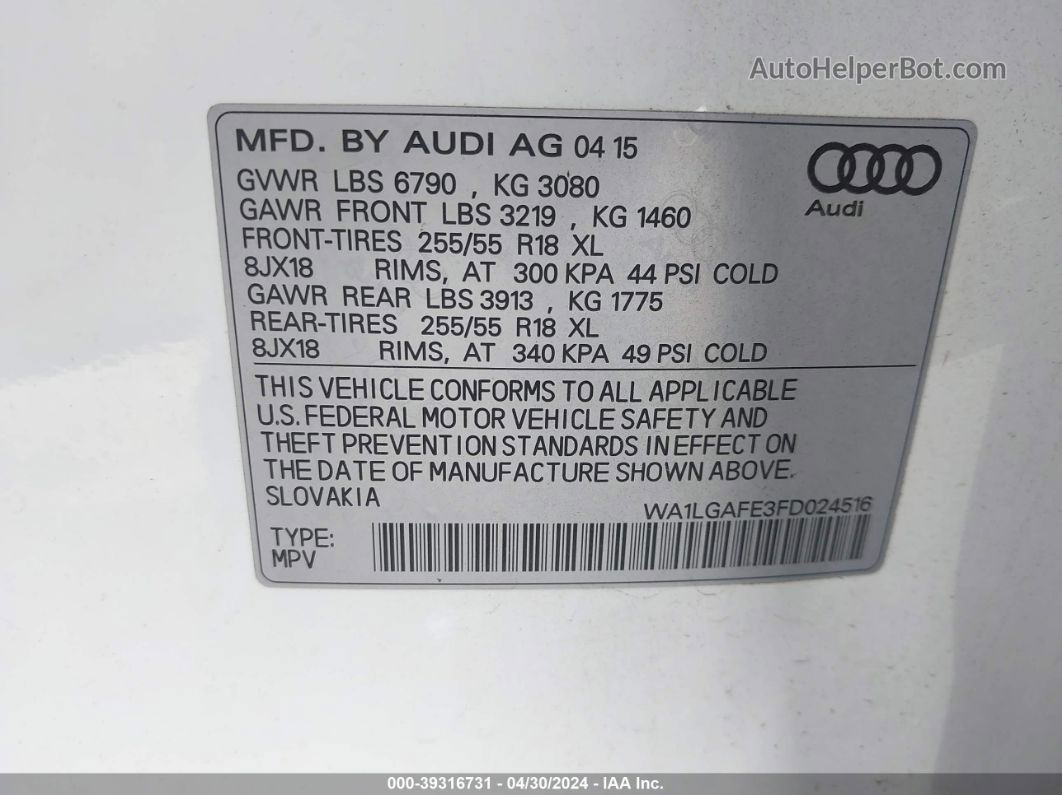 2015 Audi Q7 3.0t Premium White vin: WA1LGAFE3FD024516