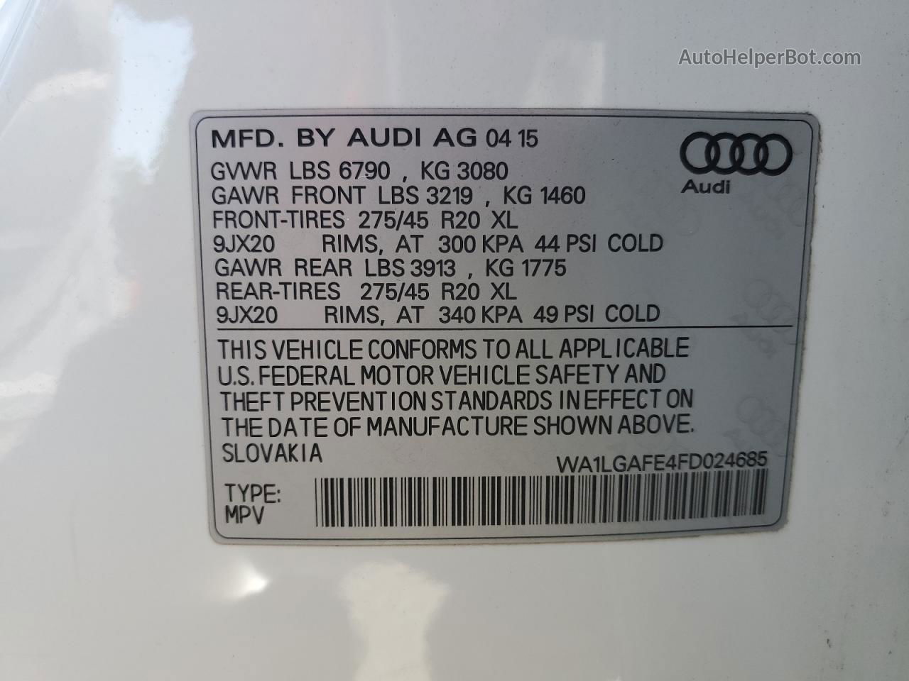 2015 Audi Q7 Premium Plus White vin: WA1LGAFE4FD024685