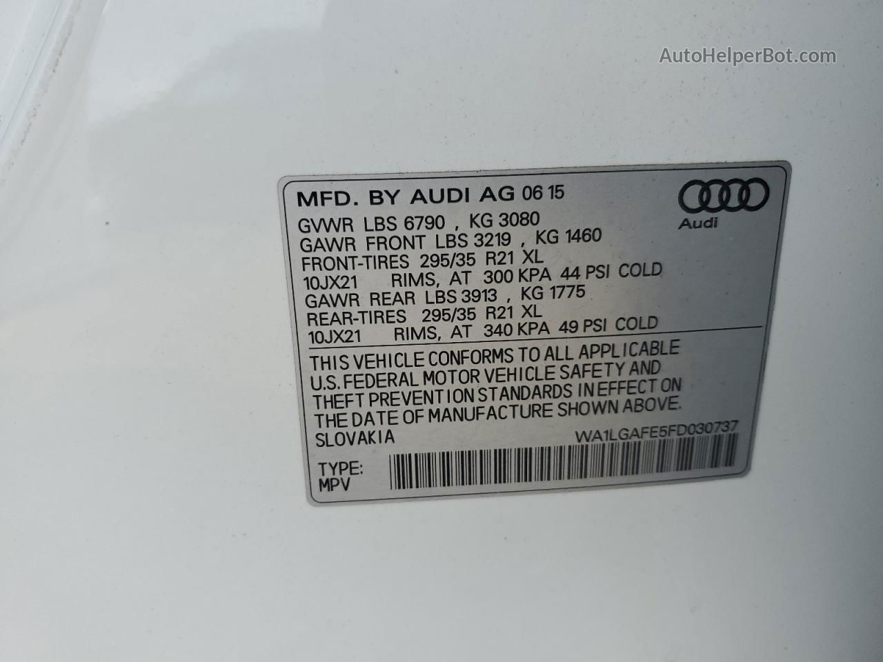 2015 Audi Q7 Premium Plus White vin: WA1LGAFE5FD030737