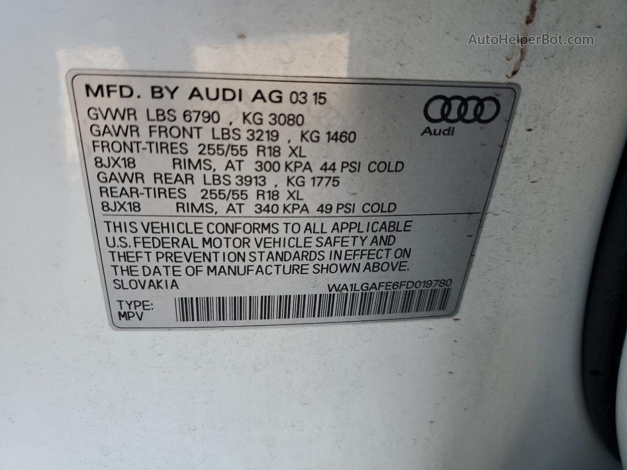 2015 Audi Q7 Premium Plus White vin: WA1LGAFE6FD019780