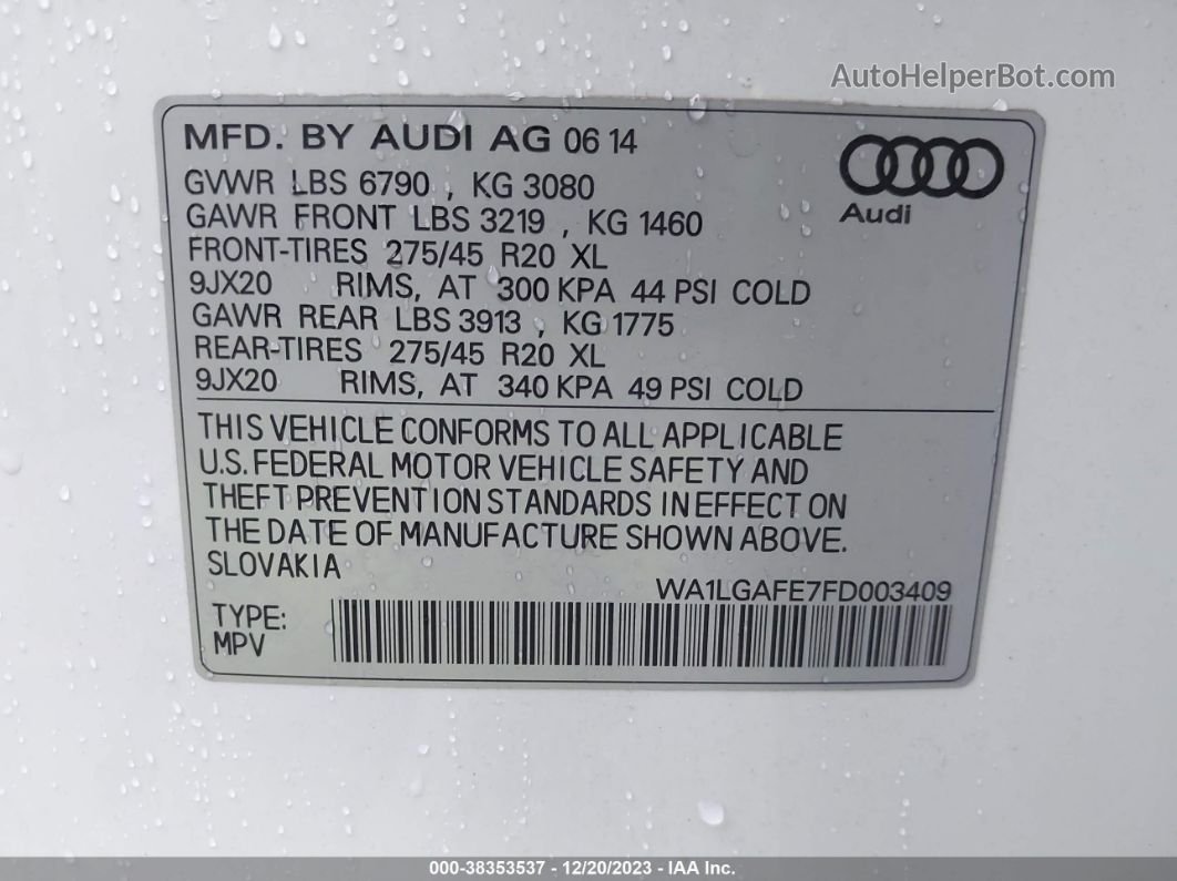 2015 Audi Q7 3.0t Premium White vin: WA1LGAFE7FD003409