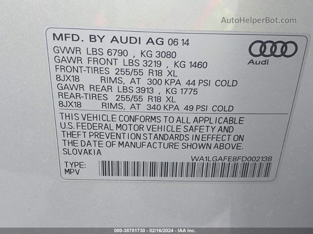 2015 Audi Q7 3.0t Premium Silver vin: WA1LGAFE8FD002138