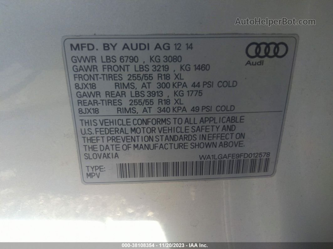 2015 Audi Q7 3.0t Premium Silver vin: WA1LGAFE9FD012578
