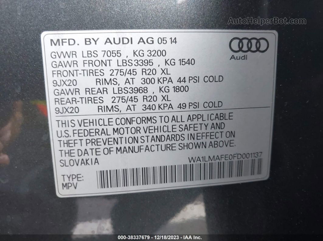 2015 Audi Q7 3.0 Tdi Premium Gray vin: WA1LMAFE0FD001137