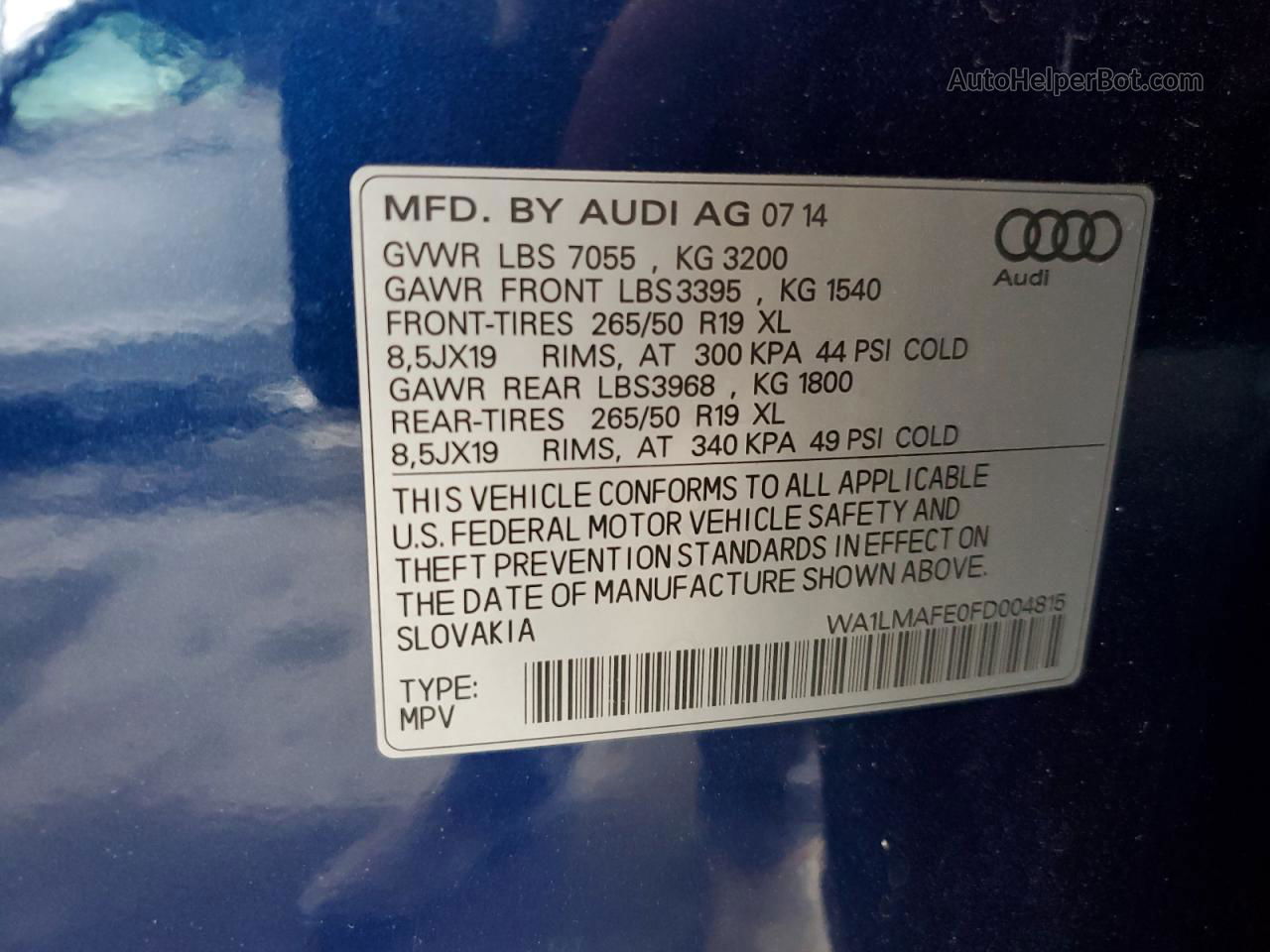 2015 Audi Q7 Tdi Premium Plus Синий vin: WA1LMAFE0FD004815