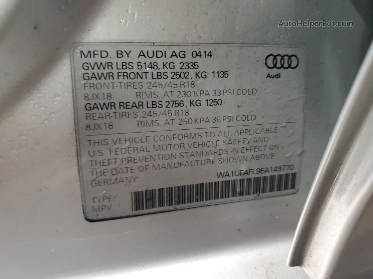 2014 Audi A4 Allroad Premium Plus Серебряный vin: WA1UFAFL9EA149770