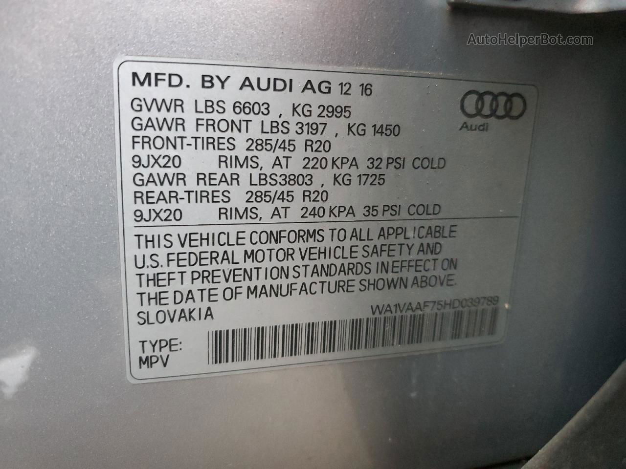 2017 Audi Q7 Prestige Silver vin: WA1VAAF75HD039789