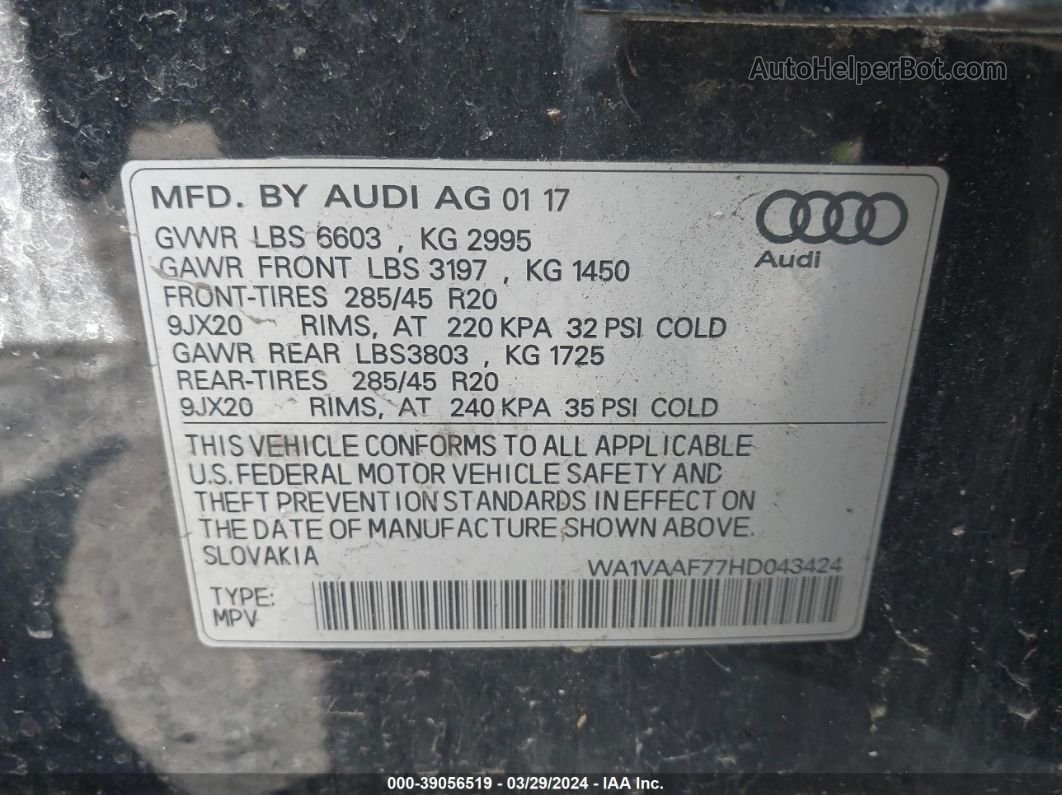 2017 Audi Q7 3.0t Premium Черный vin: WA1VAAF77HD043424